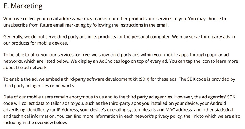 CCleaner Privacy Policy: Marketing clause