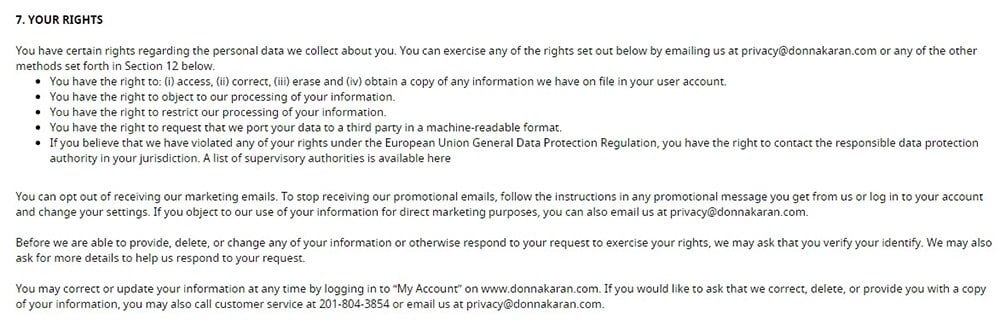 DKNY EU Privacy Policy: Your Rights clause - GDPR