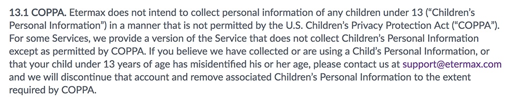 Etermax Privacy Policy: COPPA clause