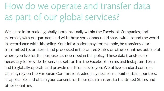 Facebook Data Policy: International Data Transfer clause