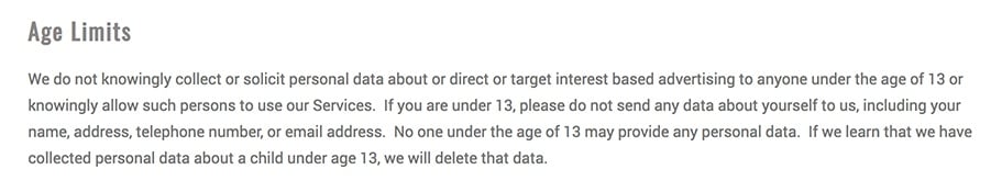 Frogmind Privacy Policy: Age Limits clause