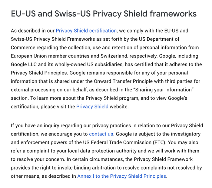 Google Data Transfer Frameworks: Privacy Shield Frameworks clause