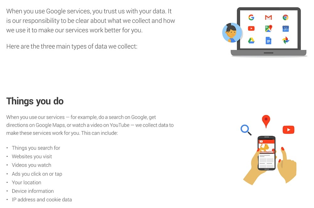 Screenshot of excerpt from Google Privacy Policy What types of data is collected clause