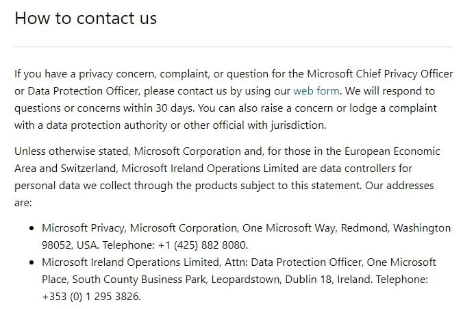 Microsoft Privacy Statement: Excerpt of clause for legal bases - GDPR