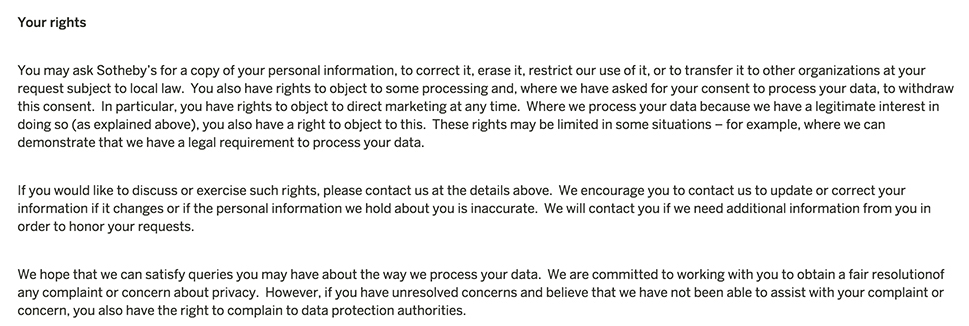 Sotheby&#039;s Privacy Policy data subject Rights clause for GDPR compliance