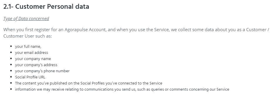 Agorapulse Privacy Policy: Type of Customer Personal Data collected clause