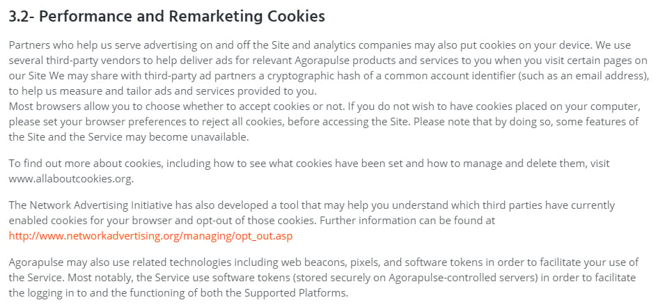 Agorapulse Privacy Policy: Performance and Remarketing clause