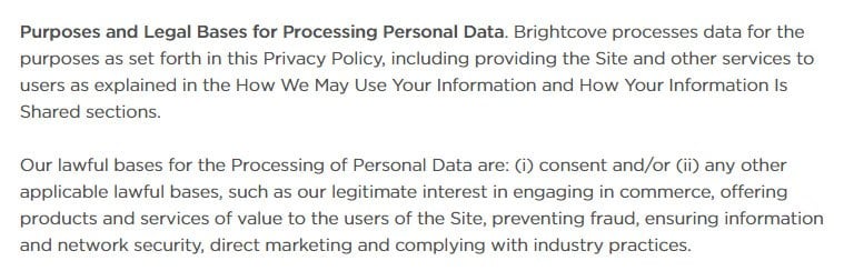 Brightcove Privacy Policy Legal Bases for Processing Personal Data clause