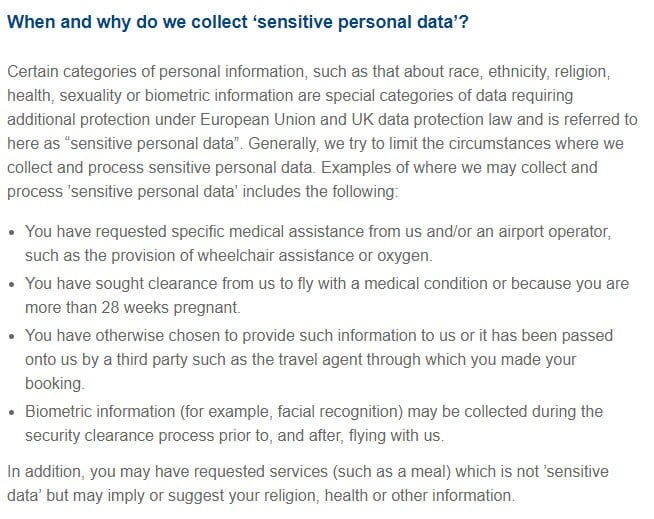 British Airways Privacy Policy: When and why do we collect sensitive personal data clause