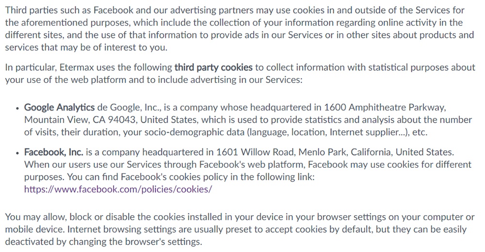 Etermax Privacy Policy: Third party advertising cookies clause