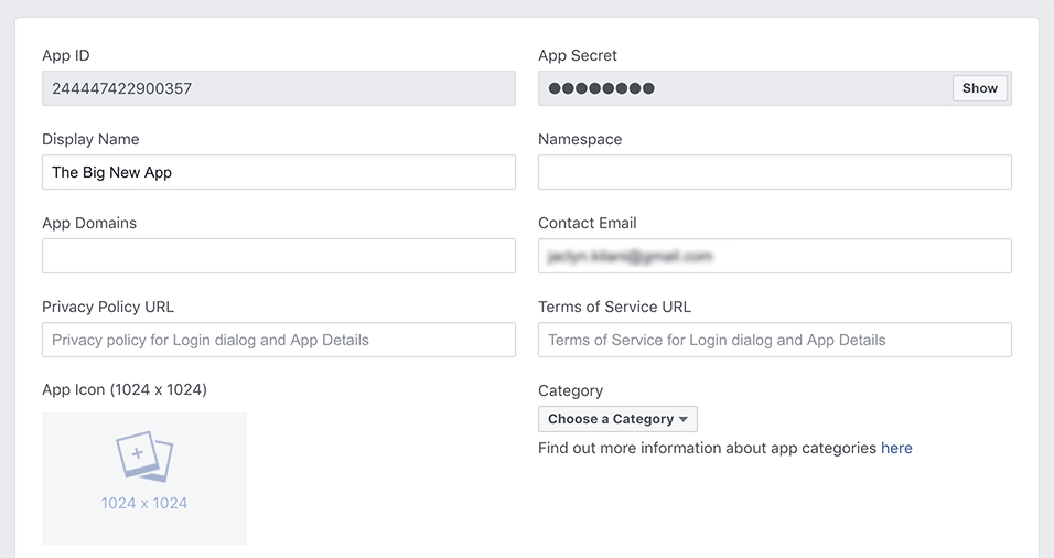 The Basic screen in the Facebook Developer Dashboard