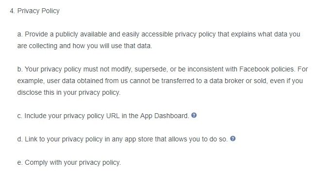 Facebook Platform Policy: Privacy Policy requirements section