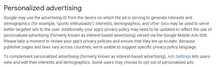 Google AdMob Behavioral Policies: Personalized Advertising clause