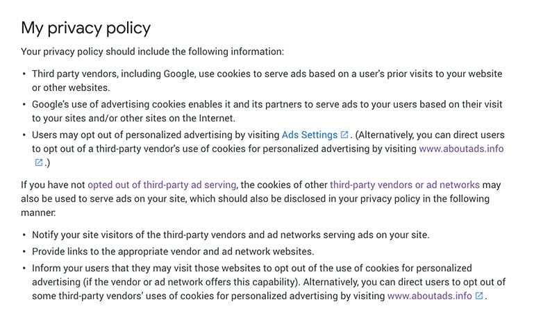 Google AdSense Content Policies: Required Content for a Privacy Policy section