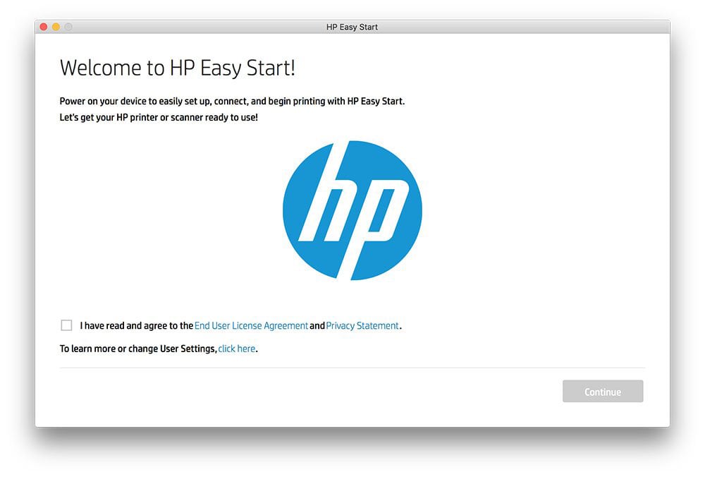 HP Easy Start installation screen with EULA and Privacy Statement and checkbox