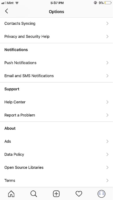 Instagram app's Options screen