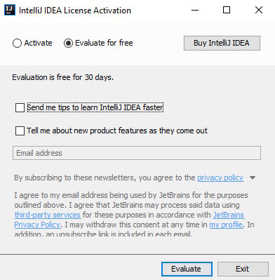 IntelliJ IDEA app set-up: License Activation and email newsletter sign-up screen