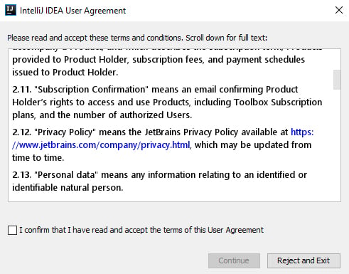 IntelliJ IDEA User Agreement with JetBrains Privacy Policy link