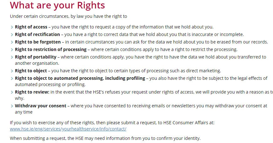 Ireland Health Service Executive Privacy Policy: User rights clause