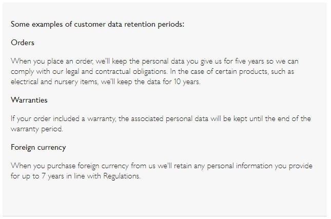 John Lewis Privacy Notice: Data retention periods examples clause