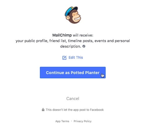 MailChimp&#039;s Facebook social login screen