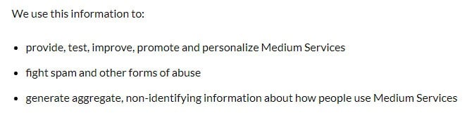 Medium Privacy Policy: How we use information clause excerpt