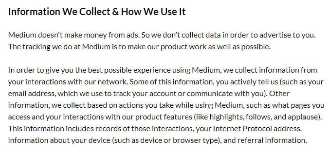 Medium Privacy Policy: Information We Collect and How We Use It clause excerpt