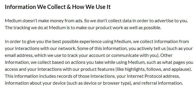 Medium Privacy Policy: Information We Collect and How We Use It clause excerpt