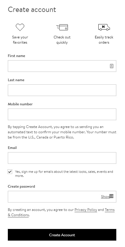 Nordstrom Create Account form
