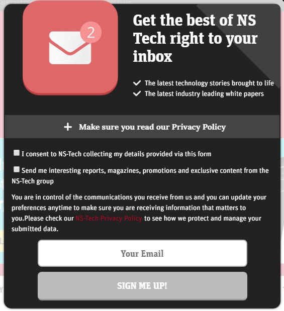 NS Tech email sign-up form with clickwrap for consent and a Privacy Policy link