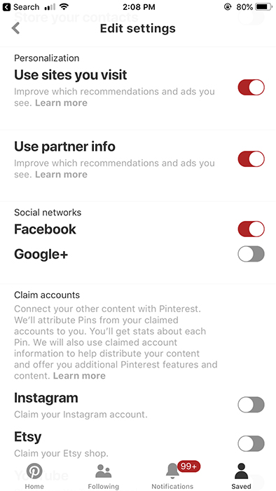 Screenshot of Pinterest app&#039;s Edit Settings screen