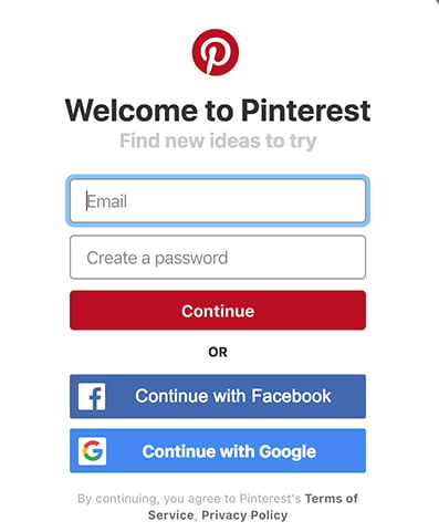 Pinterest mobile sign-up screen