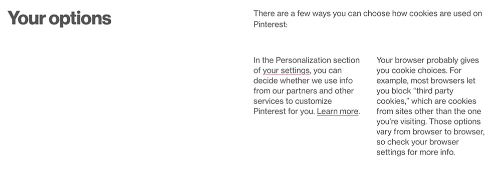 Pinterest Privacy Policy: Your options for cookies clause