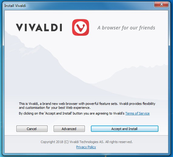 Vivaldi Accept and Install screen with Privacy Policy link