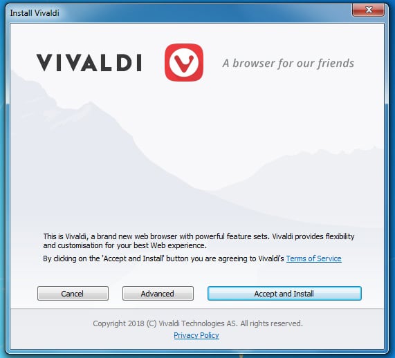 Vivaldi Accept and Install screen with Privacy Policy link