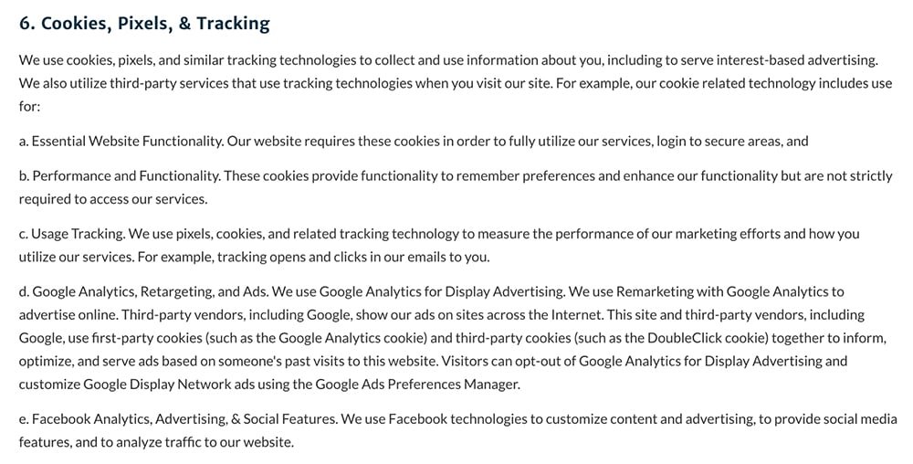 Woobox Privacy Policy: Excerpt of Cookies, Pixels, and Tracking clause