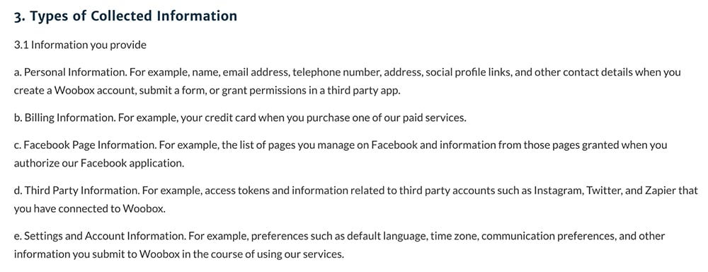 Woobox Privacy Policy: Excerpt of Types of Collected Information clause