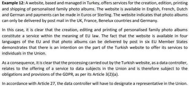 Screenshot of Example 12 from EDPB Guidelines on the Territorial Scope of the GDPR