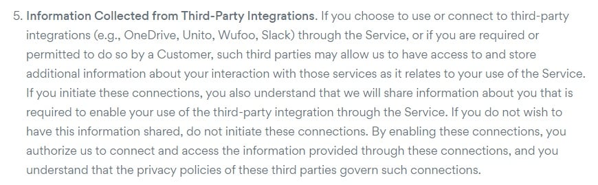 Asana Privacy Policy: Information Collected from Third-Party Integrations clause