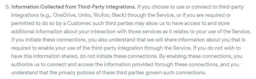 Asana Privacy Policy: Information Collected from Third-Party Integrations clause