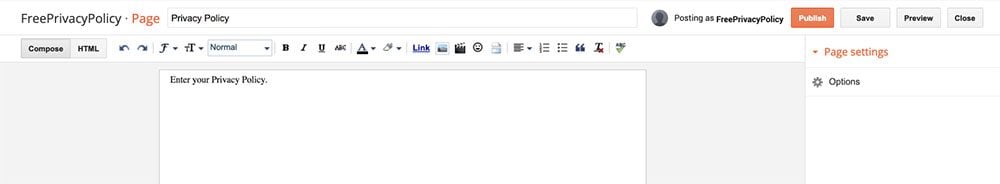 BlogSpot Pages: Add a new Page: Privacy Policy