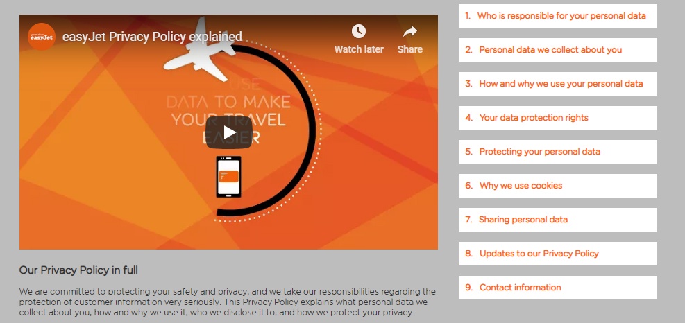 easyJet Privacy Policy Table of Contents