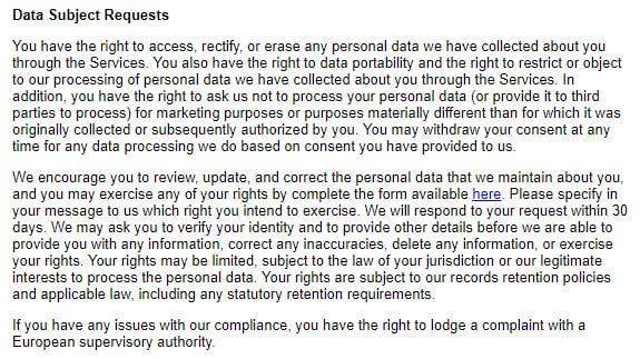 Fortune Privacy Policy: Data Subject Requests clause