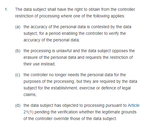 GDPR Info: Article 18 Section 1: Right to restriction of processing