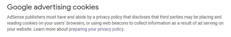 Google AdSense Program Policies: Google Advertising Cookies clause with Privacy Policy requirement