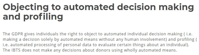 Irish Blood Transfusion Service Privacy Policy: GDPR User Rights: Objecting to automated decision making and profiling clause