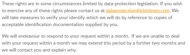 The Irish Times Privacy Policy: Excerpt of Your Data Rights clause