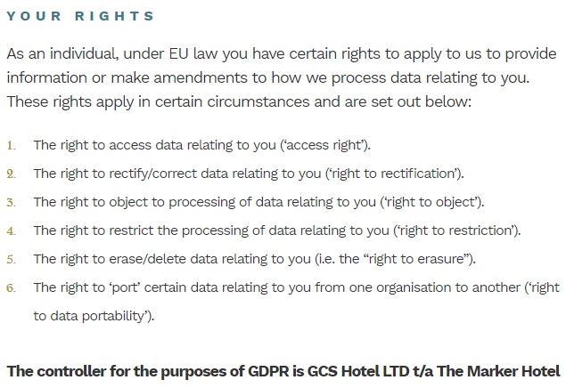 The Marker Hotel Data Privacy Notice: GDPR User Rights clause