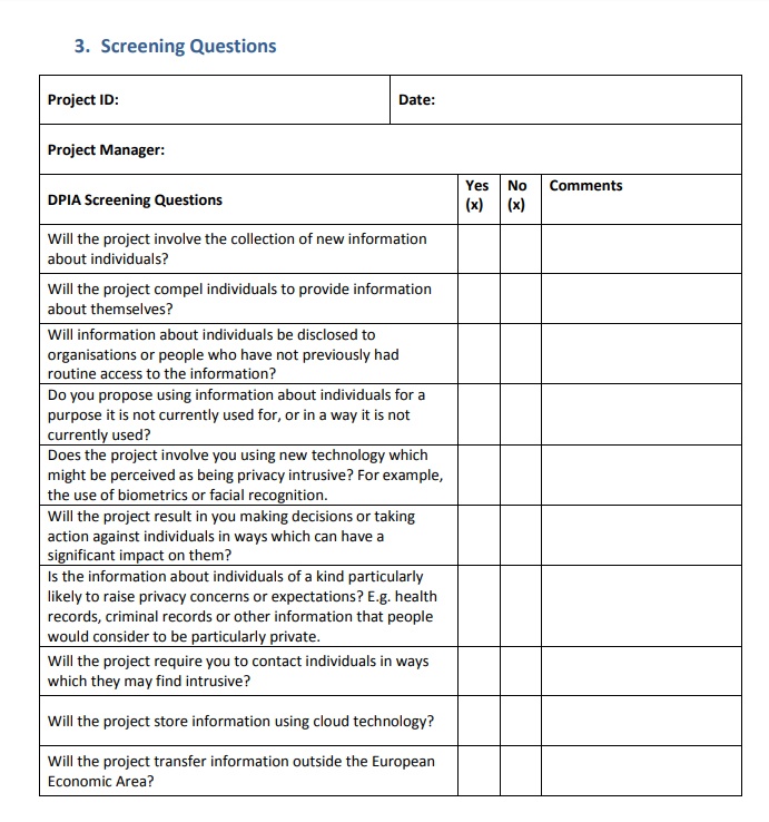 NHS DPIA Screening Questions section