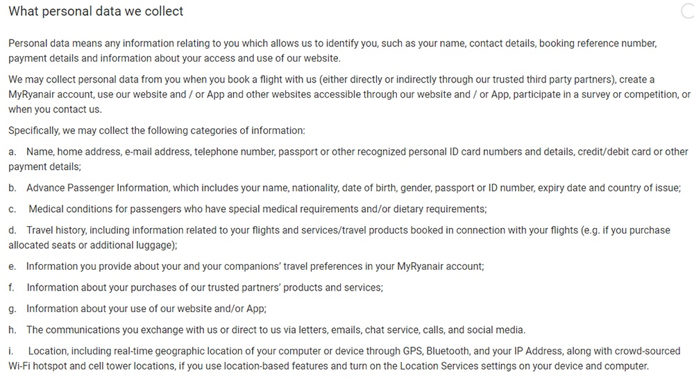 Ryanair Privacy Policy: What personal data we collect clause
